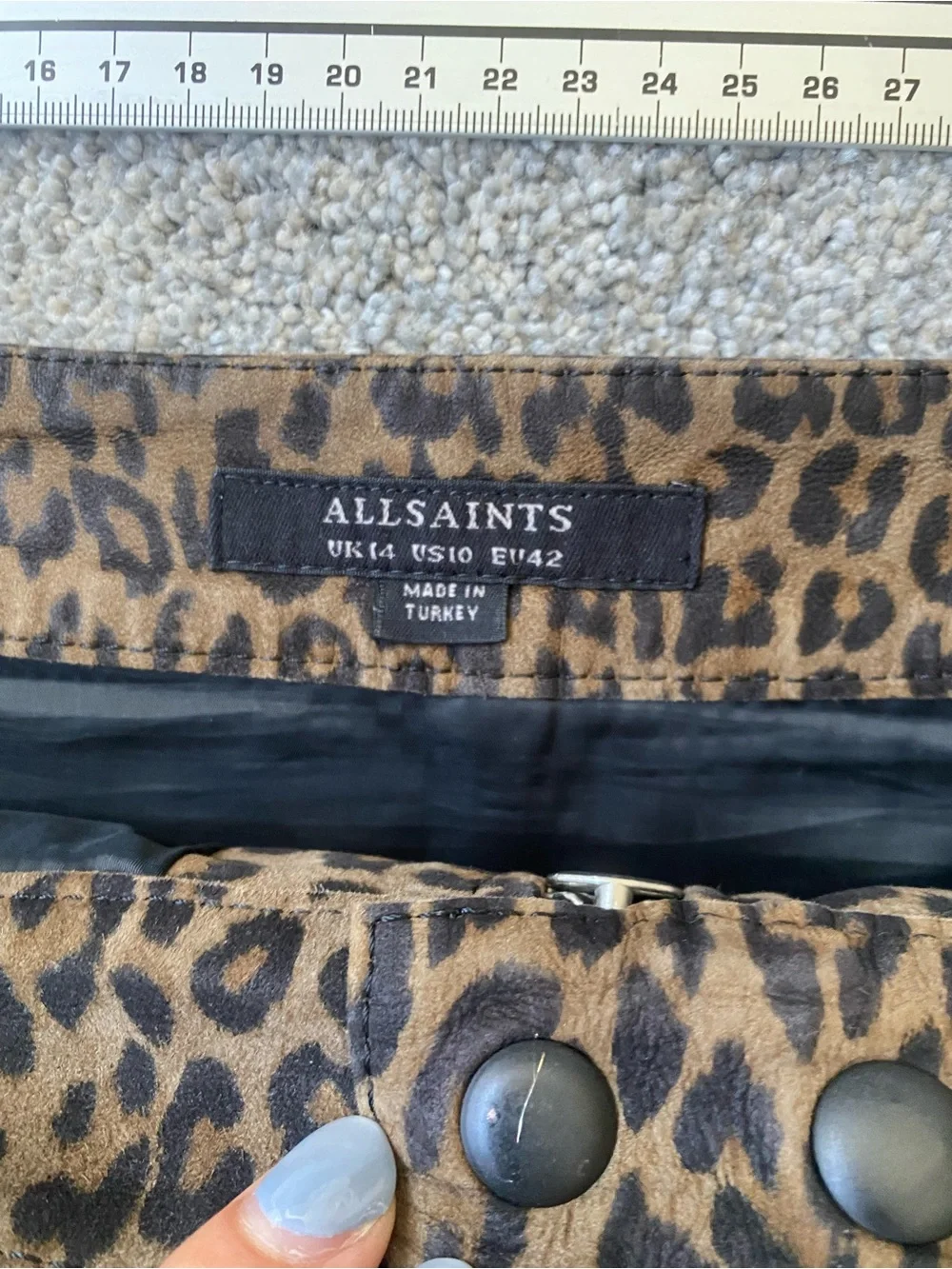 AllSaints Brown Leopard Print Mini Skirt with Front Zip